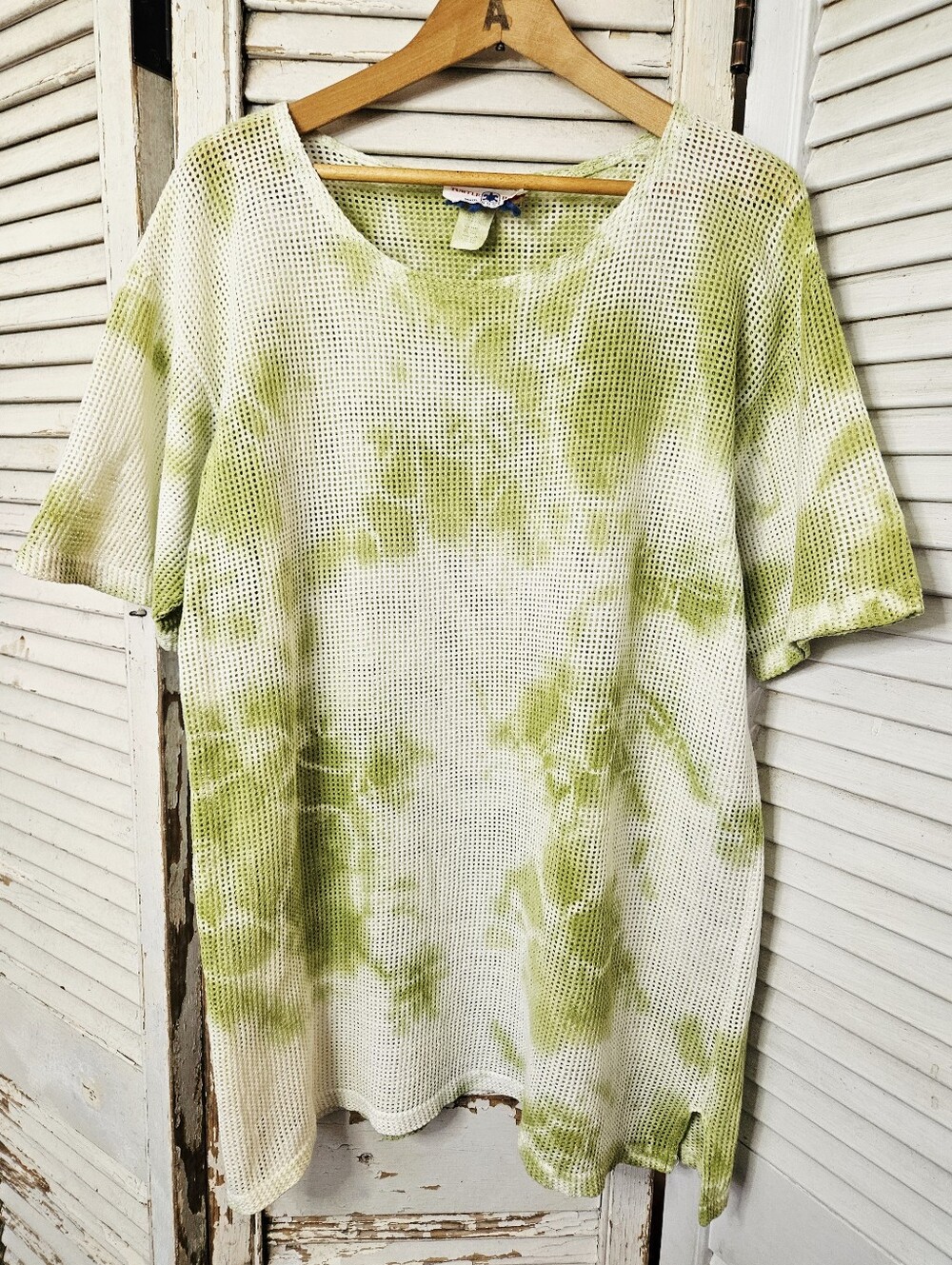Vintage 90s Lime Green Tie Dye 100% Cotton Mesh Tunic Top Medium/Large